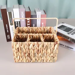 Water Hyacinth Flatware Storage Basket Utensil Caddy Hand Woven Divided Cutlery Holder Kitchen Utensil Organizer with Handle