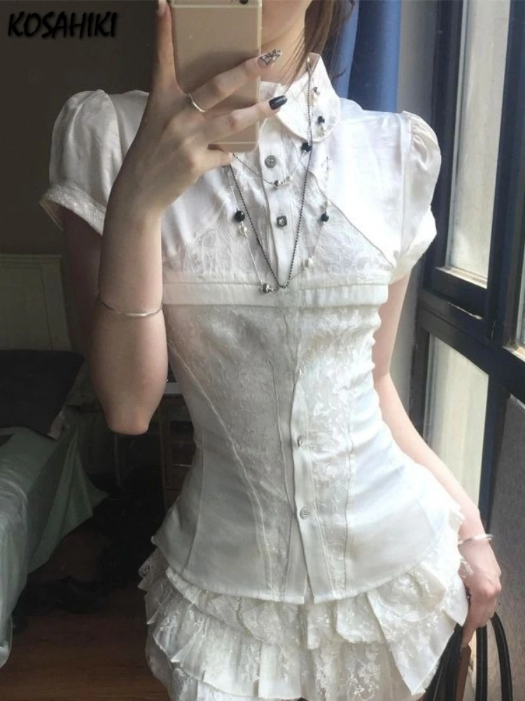 

Y2k Aesthetic Two Pieces Set Women Lace Patchwork Slim Fit Blouse + High Waist Mini Ruffled Skirts 2025 Summer Fairy Grunge Suit
