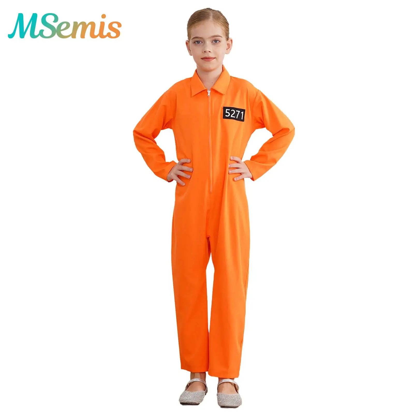 

Girls Orange Prisoner Costume Long Sleeve Prisoner Jumpsuit Jailbird Inmate Prison Uniform Theme Party Halloween Cosplay Costume