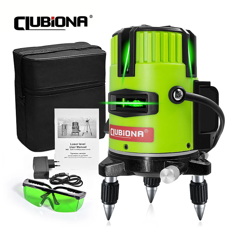 CLUBIONA 5 Lines Green Beam Laser Level with Plumb Dots Horizontal & Vertlcal Self-Leveling Lines With Cloth Box Laser Tool