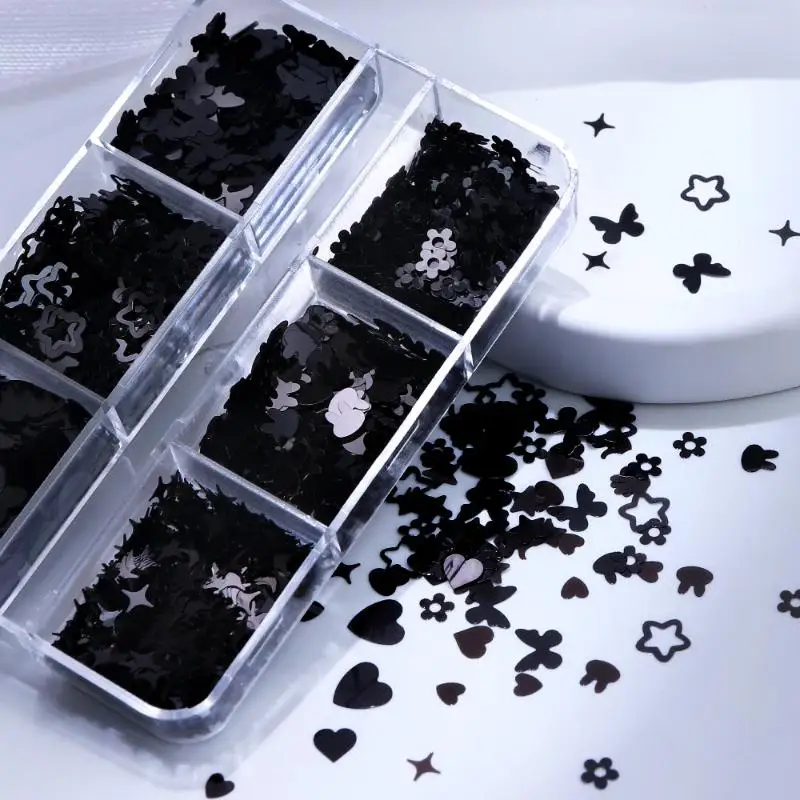 6 Grids Black Heart-shaped Butterfly Star Nail Glitter Mixed Decor Manicure Flakes Paillettes Stunning Seqiuns DIY Nail Manicure