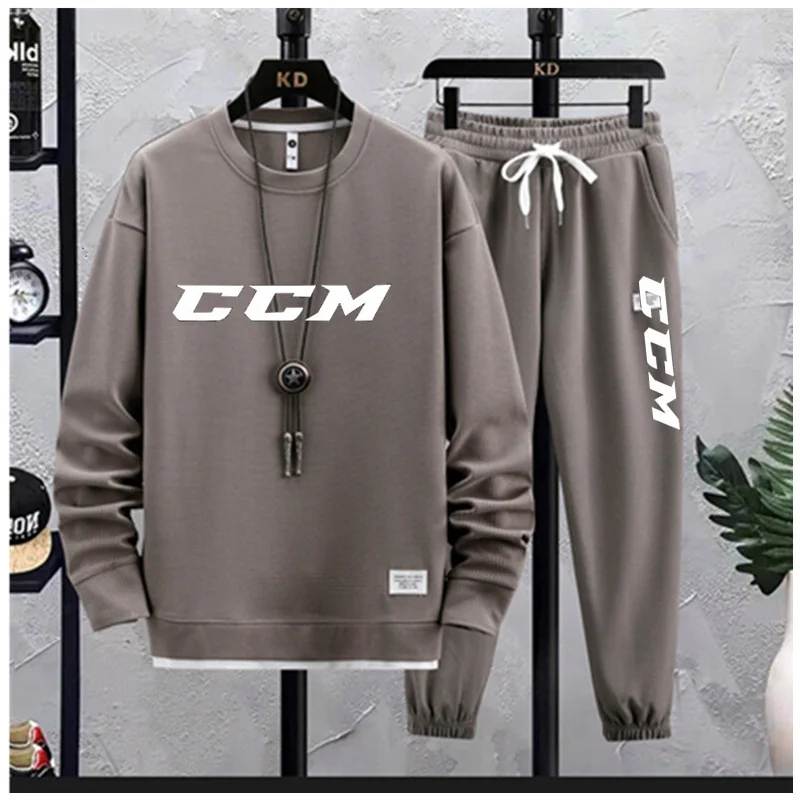 2023 Spring and autumn CCM Men\'s Two Piece Set Linen Fabric Casual T-Shirt and Mens Sports Suit Fashion Long sleeve Tracksuit