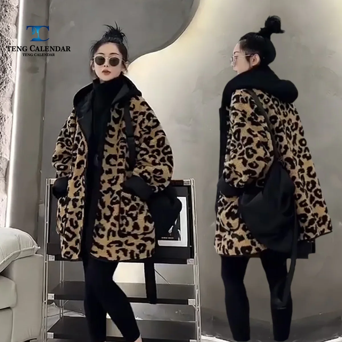 Popular European Leopard Print Lamb Wool Jacket, Loose and Warm Casual Hooded Mid Length Cotton Jacket, Winter 2024 New Model