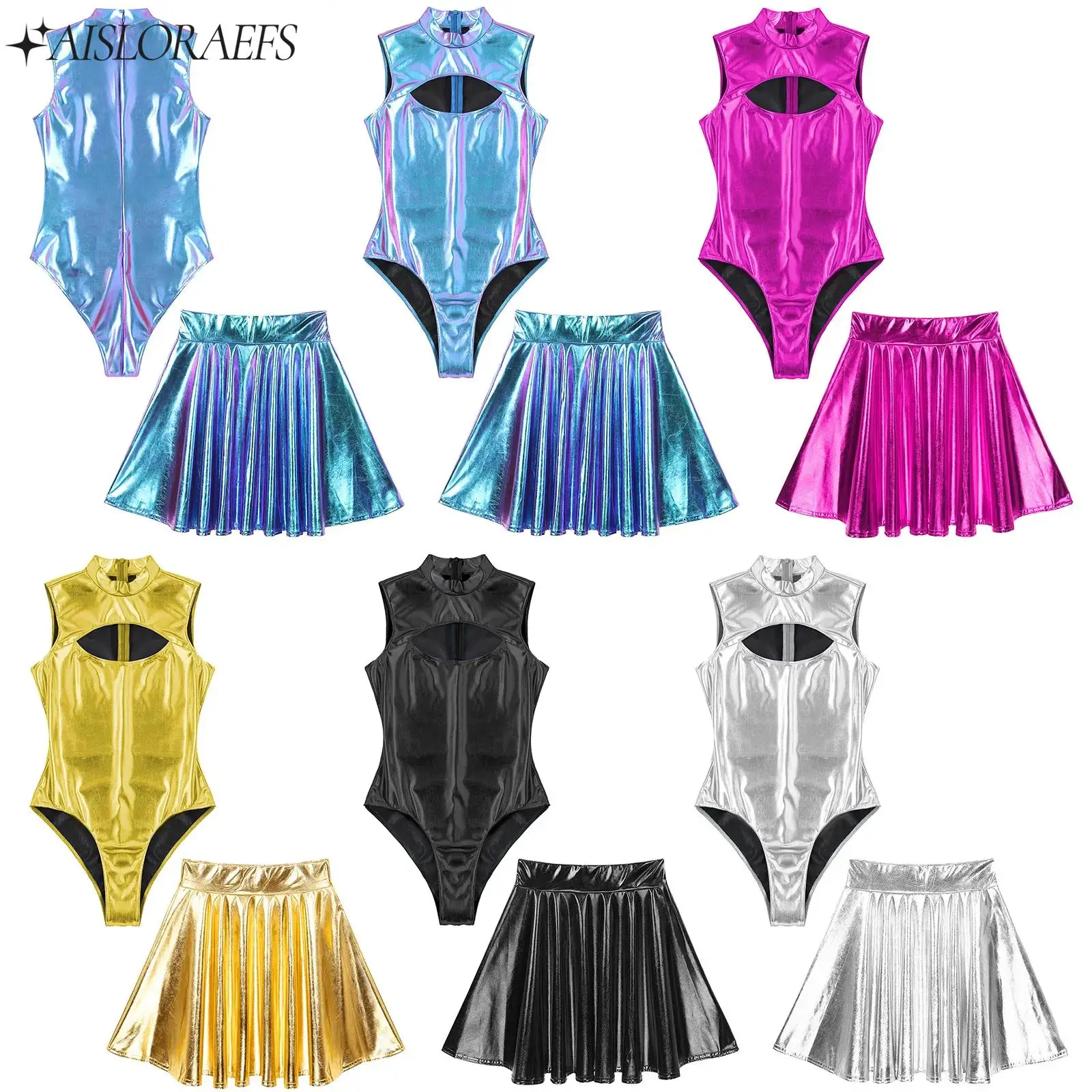 

Womens Sexy Two Piece Swimsuit Party Nightclub Performance Costume Sleeveless Metallic Leotards with Skirts Sport Suit Beachwear