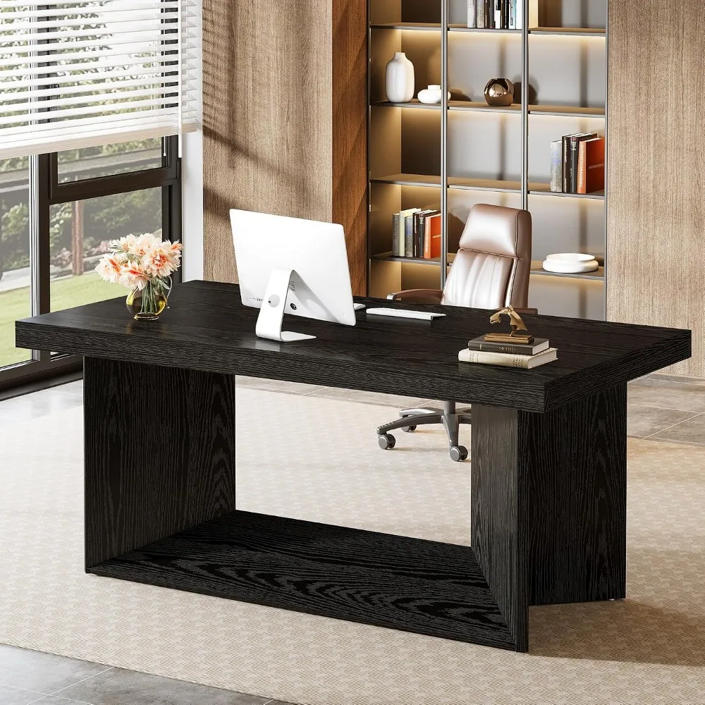 Tribesigns 63-Inch Executive Desk, Large Office Computer Desk, Black | Heavy Duty Pedestal, Farmhouse Simple Workstations, Writing Table for Home Office