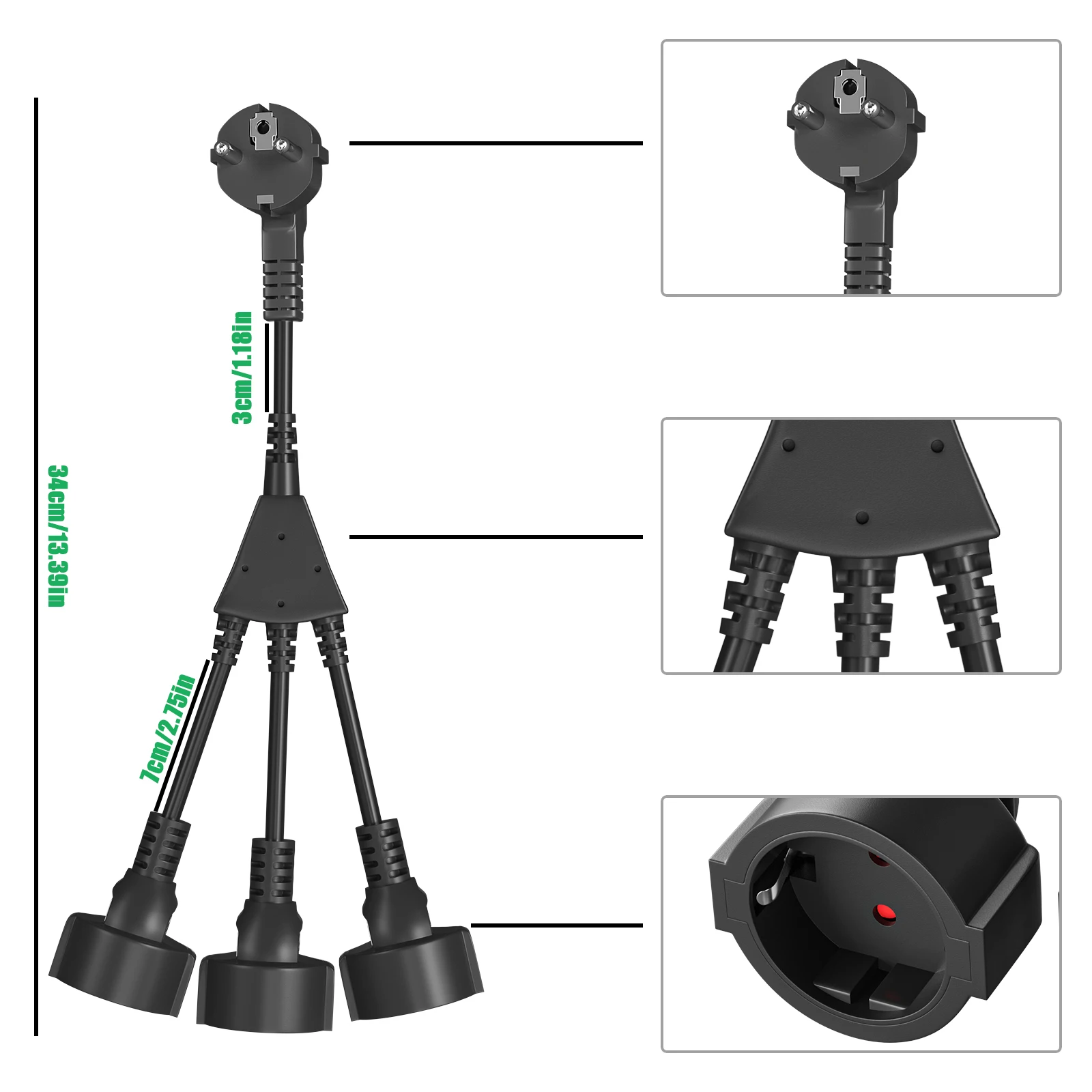 1 to 3 way EU Power Cord Extension Cord with Protection Contact Male plug to Female Socket electric wire 250V for PC Computer