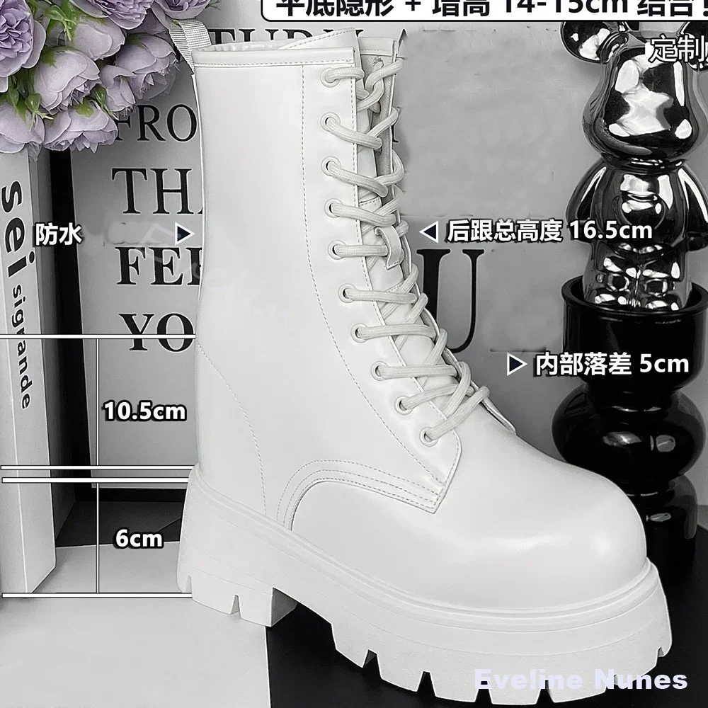 16.5CM Hidden Super Height Increasing Mid Calf Boots Cross Tied Non Slip Platform Gothic Street Cosplay Performance Black Shoes