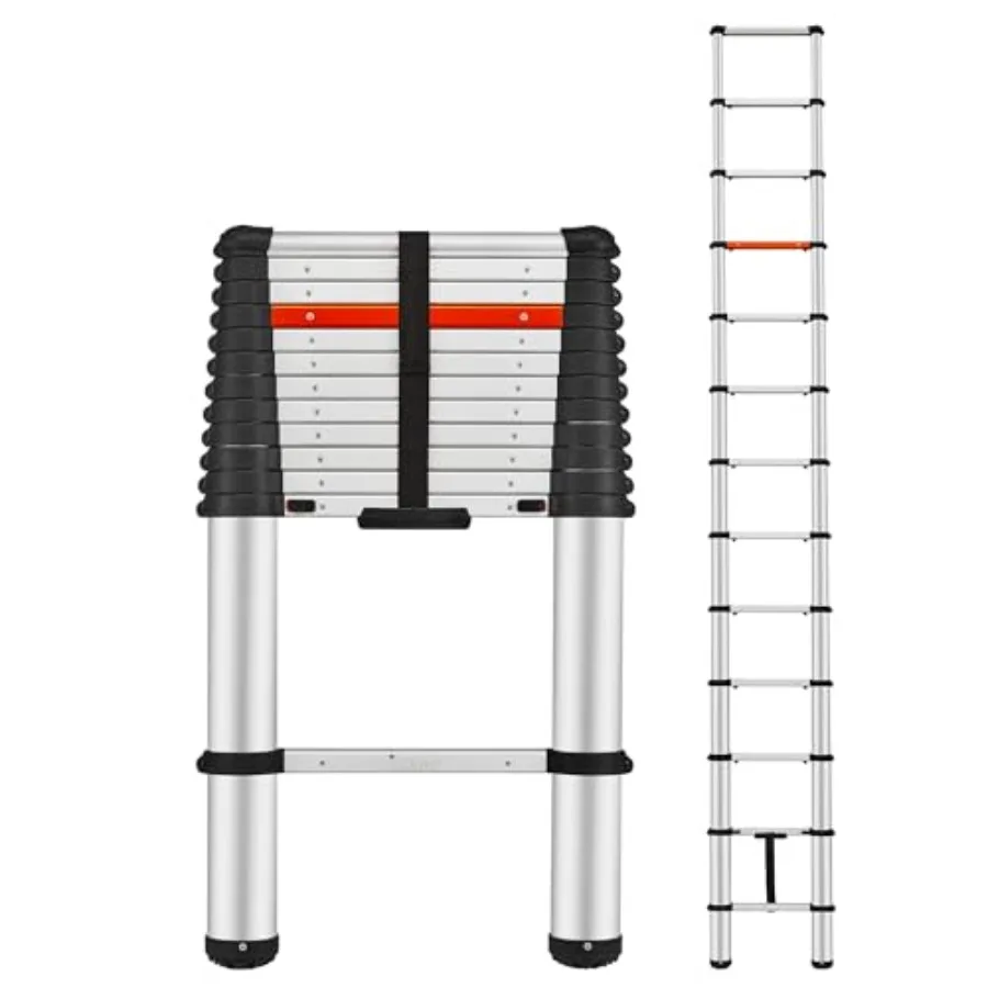 

Telescoping Ladder 12.9 FT One Button Retraction Aluminum Retraction Telescopic Ladder Soft Close Design 250lb Capacity Portabl