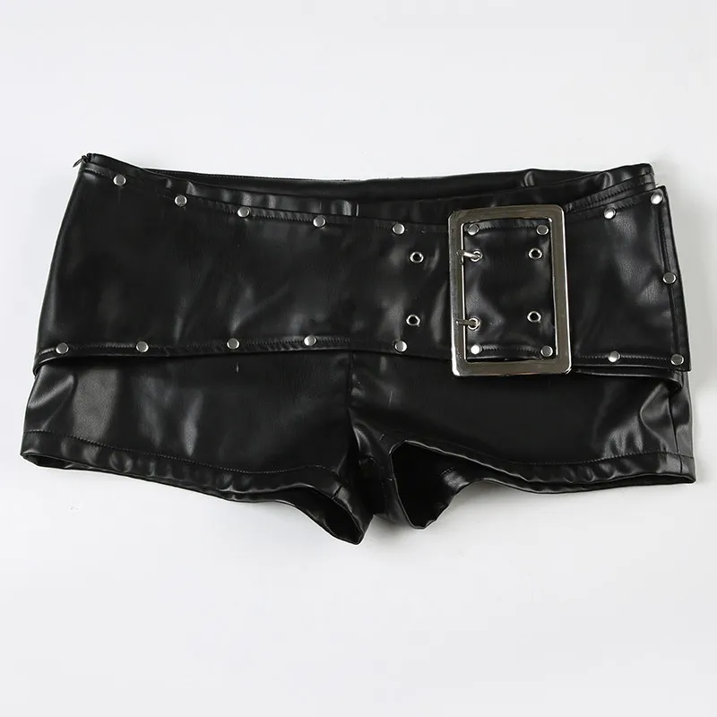 Women Black Gothic Emo Y2K Mini Shorts Sexy Wide Belt Leather Short Pants Low Waist Bodycon Shorts Micro Boot Short Summer 2026