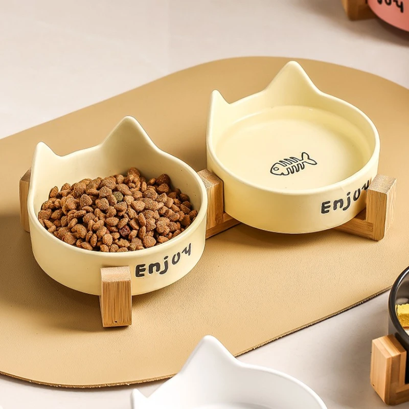 Ceramic Double Bowl Pet Cat Bowl Anti-Slip Heightened Bamboo Table Feeding Bowl Pet Supplies Water Feeders Small Dogs Supplies