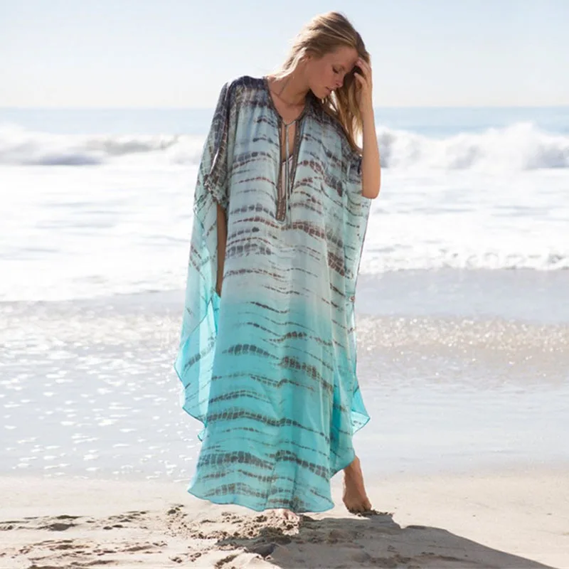 Elegant Lightweight Chiffon Beach Cover Up Dress with Deep V Neck Floral Print for Vacation Sun Protection Bikini Outerwear