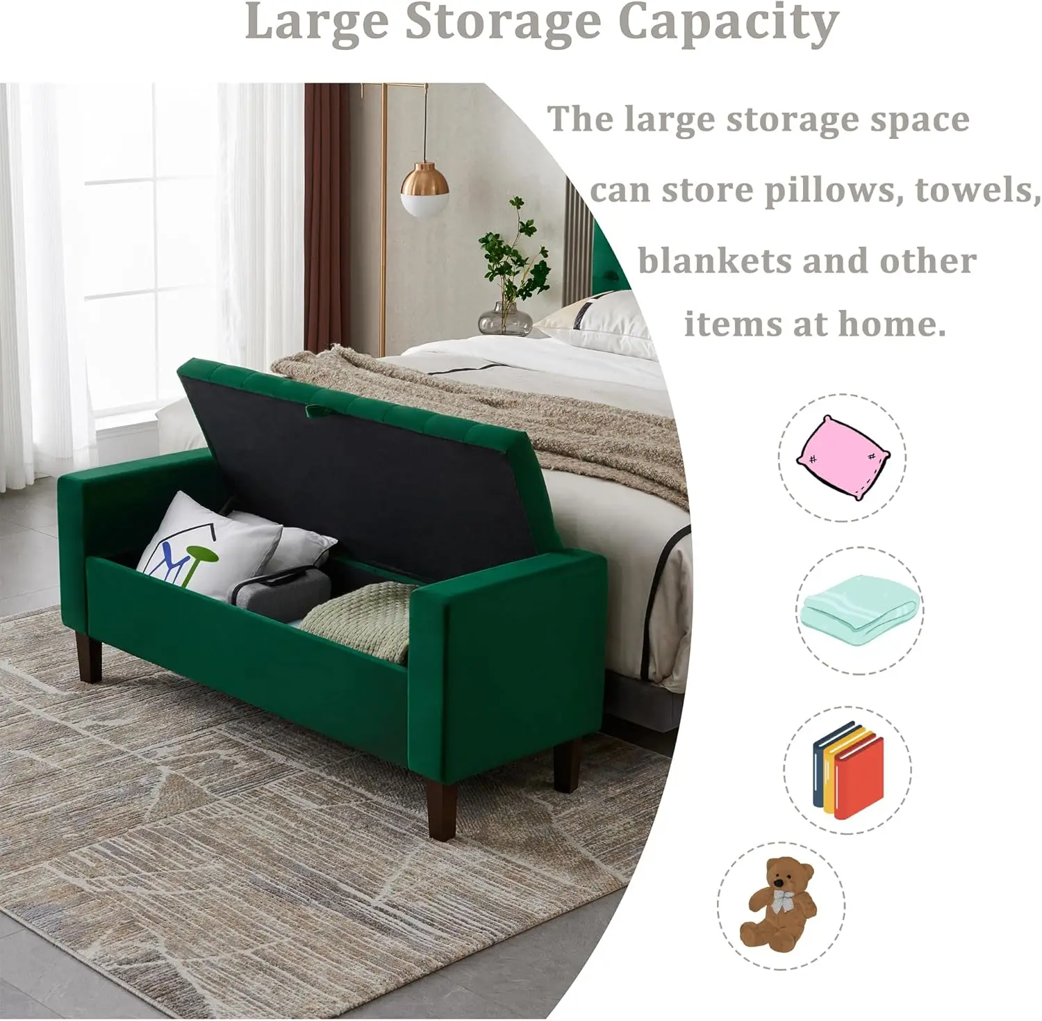 Storage Ottoman, Button-Tufted Entryway Bench with Solid Wood Legs, Velvet Storage Bench