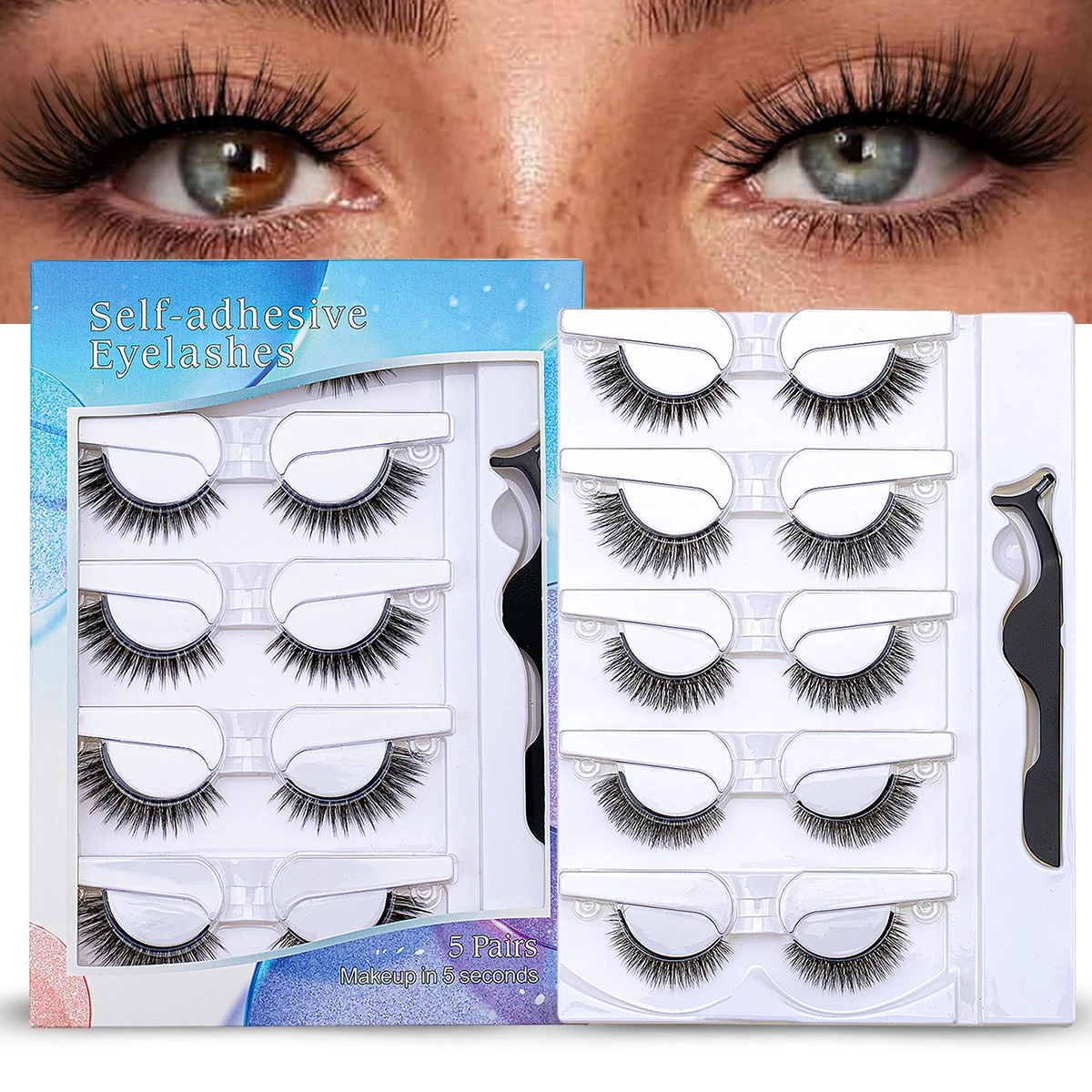 5 pairs Self-Adhesive Faux Mink Eyelashes Reusable Natural Cat Eye Fluffy Curly C Curl Lashes  makeup tools