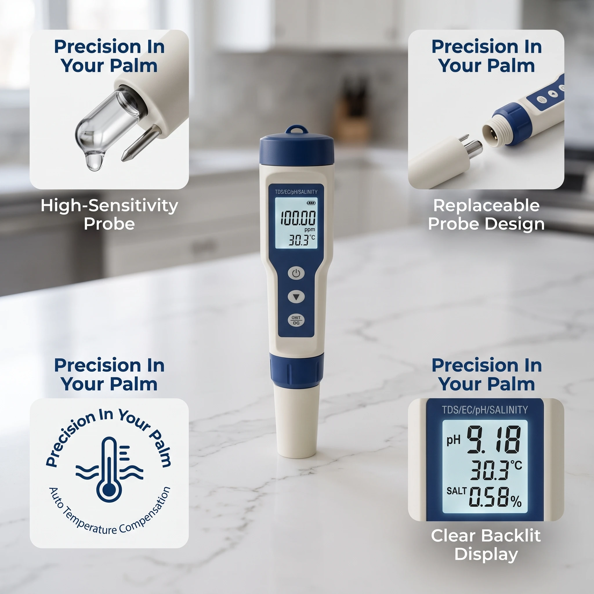 Multifunction Water Quality Tester PH/ TDS/EC /Salinity Tester LCD Digital Water Purity Temperature Meter for Pools Aquariums