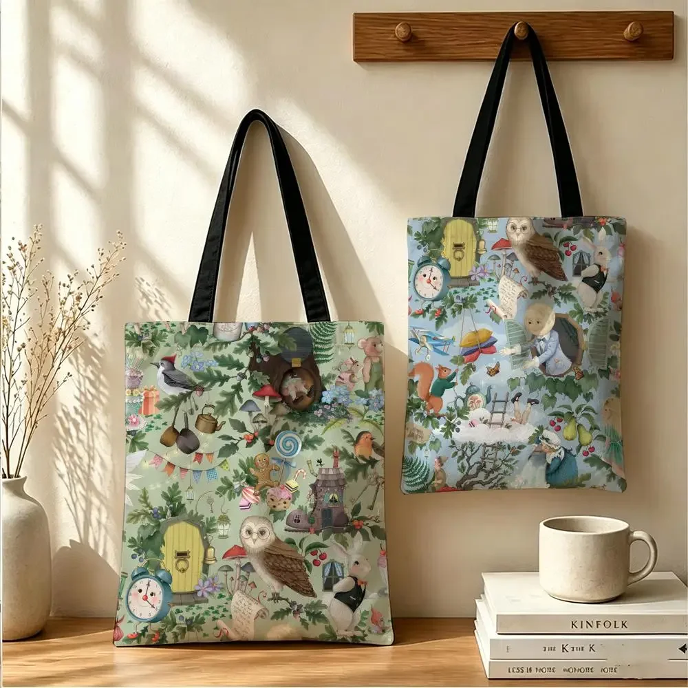 Shopping Bags Canvas Printing Magical Forest Designs Large Capacity Tote Bag Double Sided Print Shoulder Handbag Daily Shopping