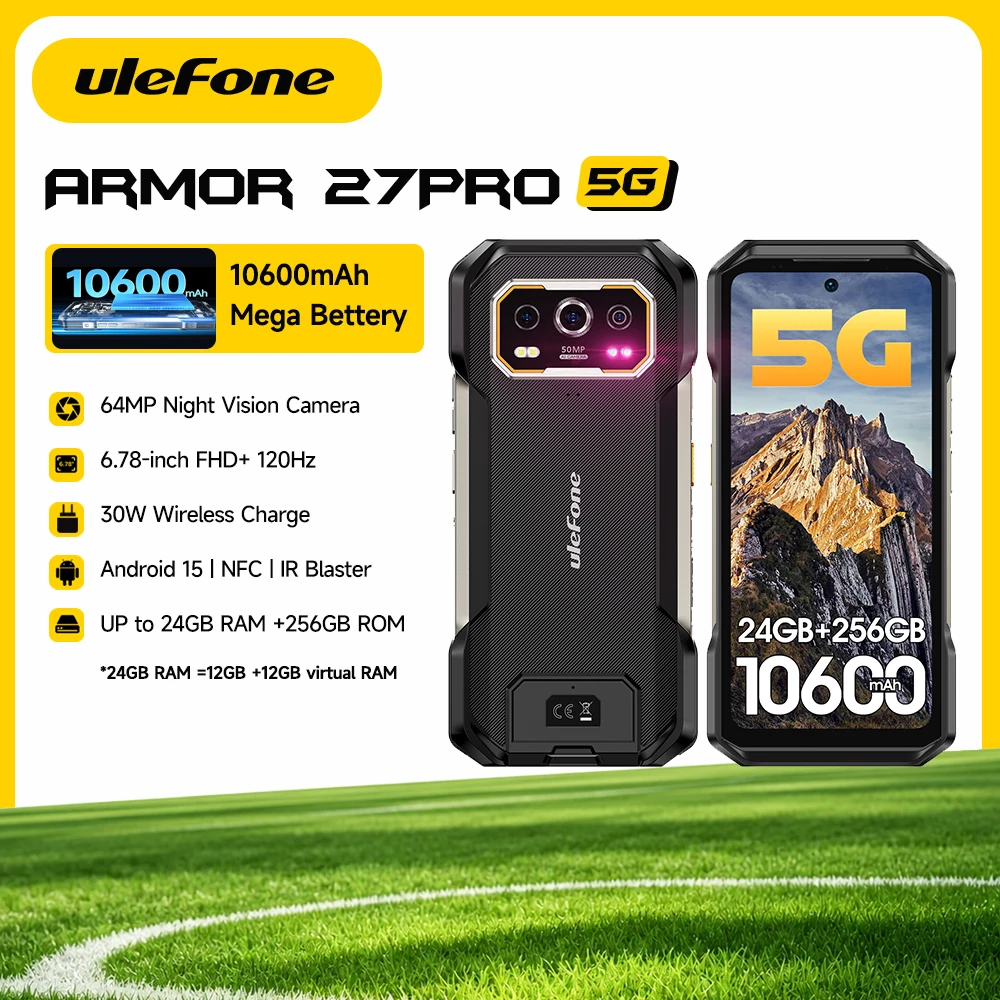 Ulefone Armor 27 Pro 5G Rugged Phone 10600mAh Smartphone 50MP Camera 64MP Night Android 15 Up to 24GB+256GB NFC Waterproof Phone