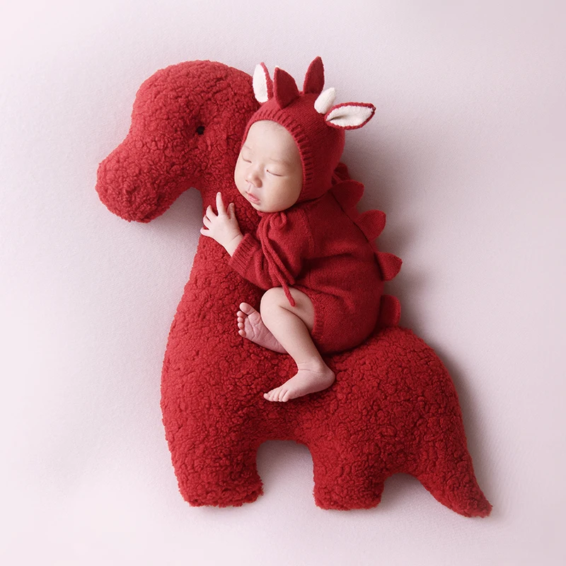 Newborn Photography Clothing New Year Red Dragon Theme Outfit Posing Dinosaur Doll Pillow Photo Props Studio Shoot Accessories