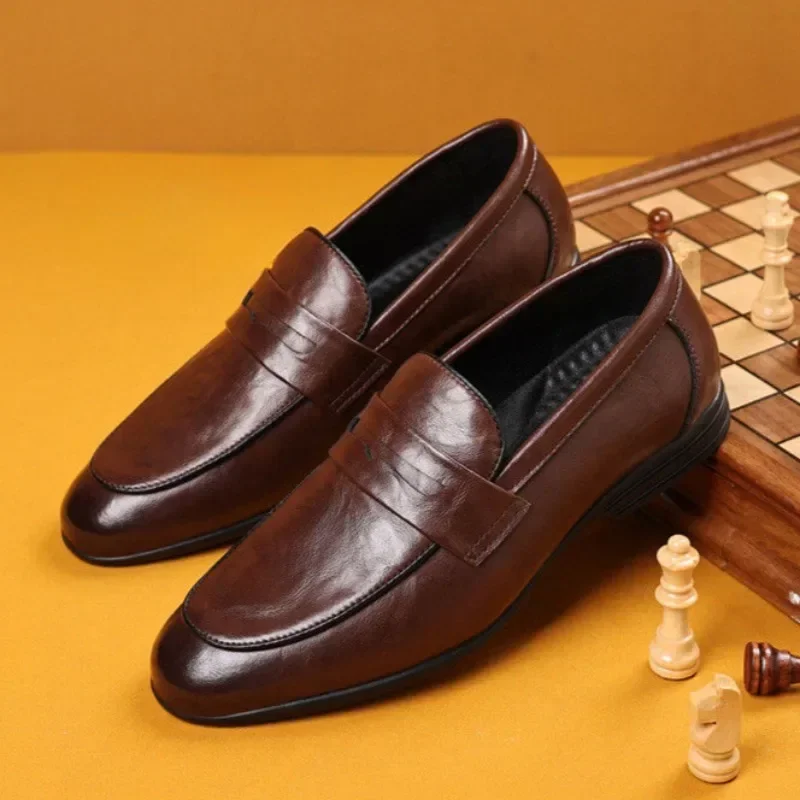 Male Casual Shoe Flat Brown Adults Social Fashion 2025 Men\'s Leather Loafers Shoes Slip-on Low Price Designer Luxury Sale Pu