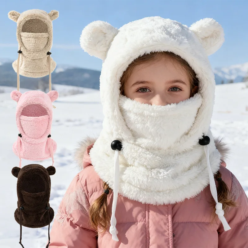 Winter Warm Balaclava for Children Cute Plush Ski Bear Ear Hat Scarf Student Mask Windproof Snow Play Kids Neck Gaiter Age 3-10