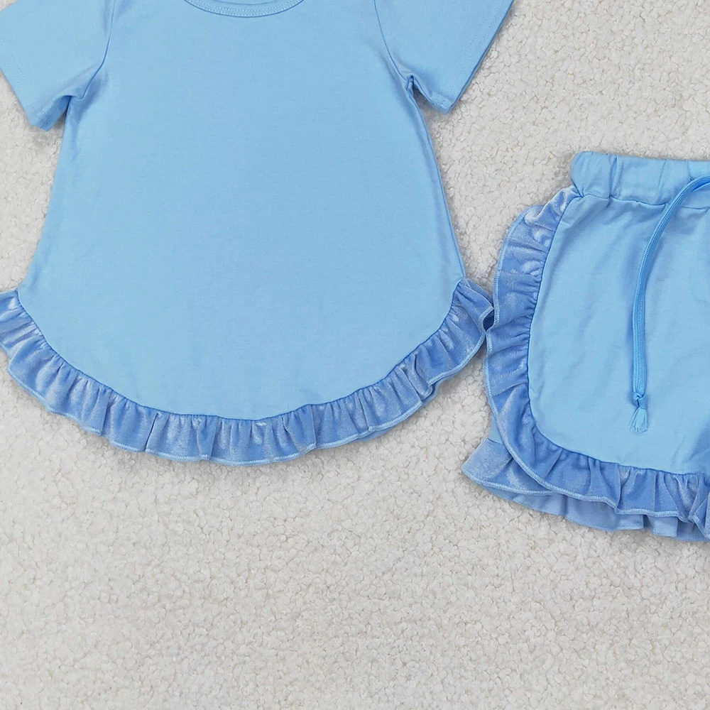 GSSO2183 Baby Girls Blue Cotton Top Ruffle Shorts Clothes Sets
