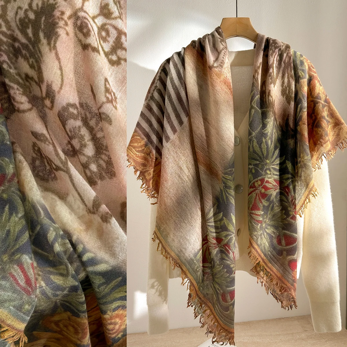 Retro Oil Painting Flower 100% Cashmere Big Shawl Women's tassel Jacquard Thick Warm Scarf with Large Square Cover Scarves