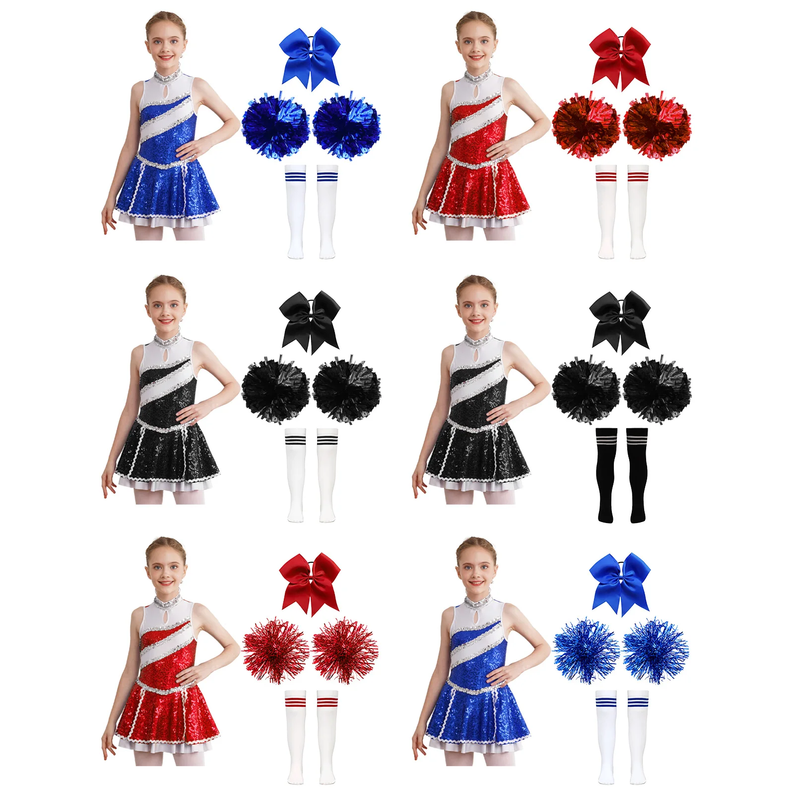 Crianças meninas cheerleading traje escola meninas uniforme de dança brilhante lantejoulas vestido com headwear 2 pçs mão flores listrado meias