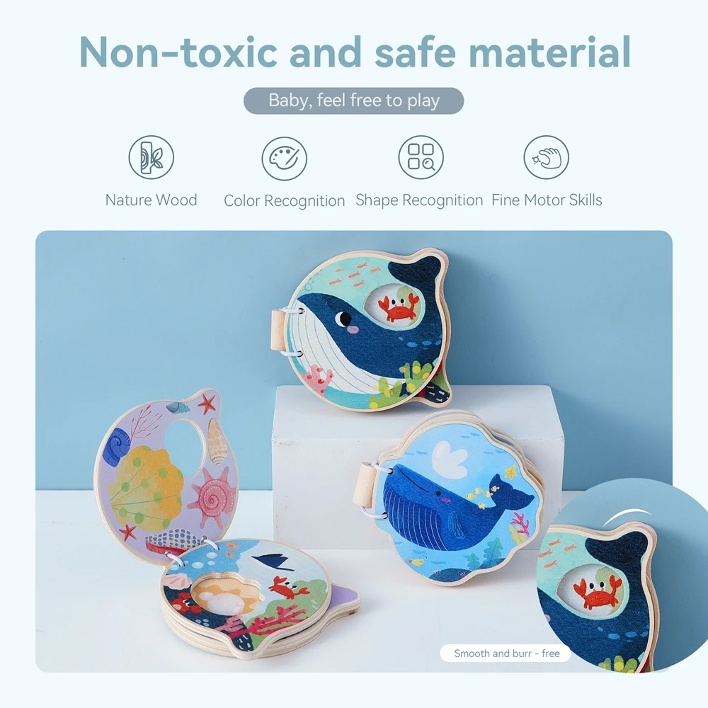 Baby houten boek vroeg educatief speelgoed Verlichtingslezingen Montessori mariene dieren illustratie cognitief boek voor peuter