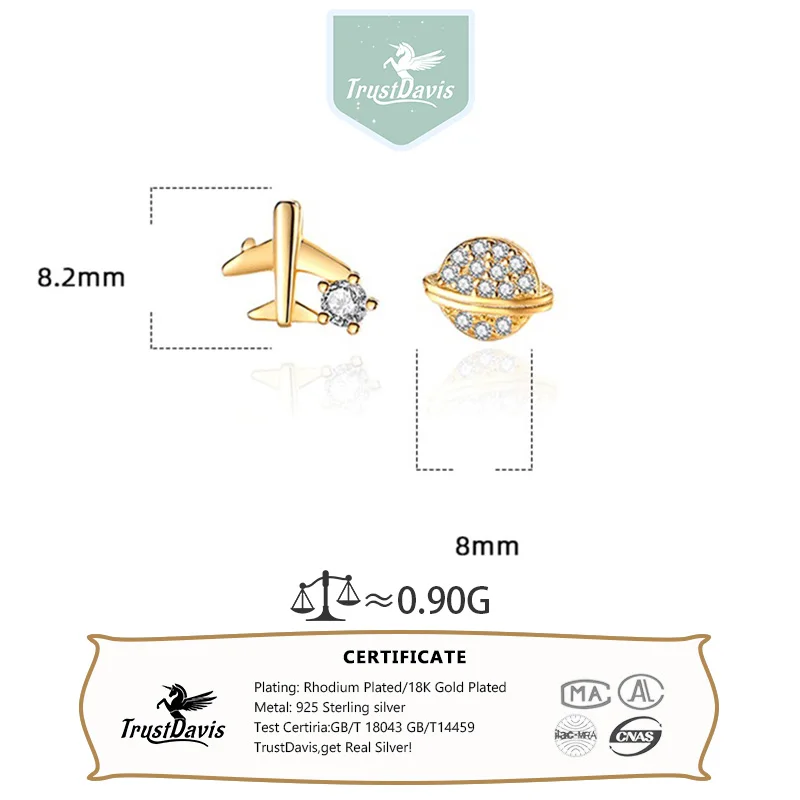 Trustdavis Real 925 Silver Fashion Simple Planet and Airplane Earring for Women Daily Wear Jewelry Gift DS4692