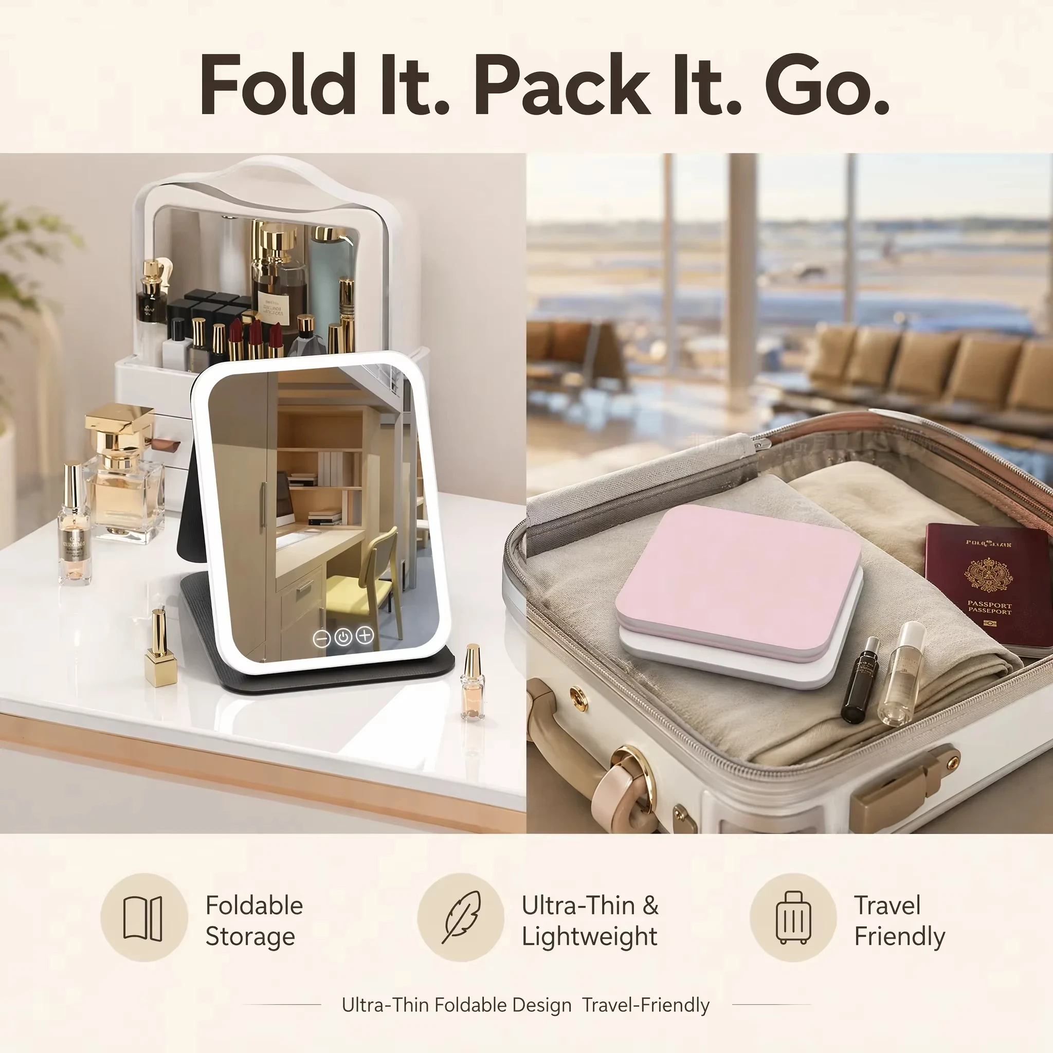 LED Dimmable Portable Makeup Mirror with 3 Color Lights Stepless USB Charging Foldable for Beauty And Fashion