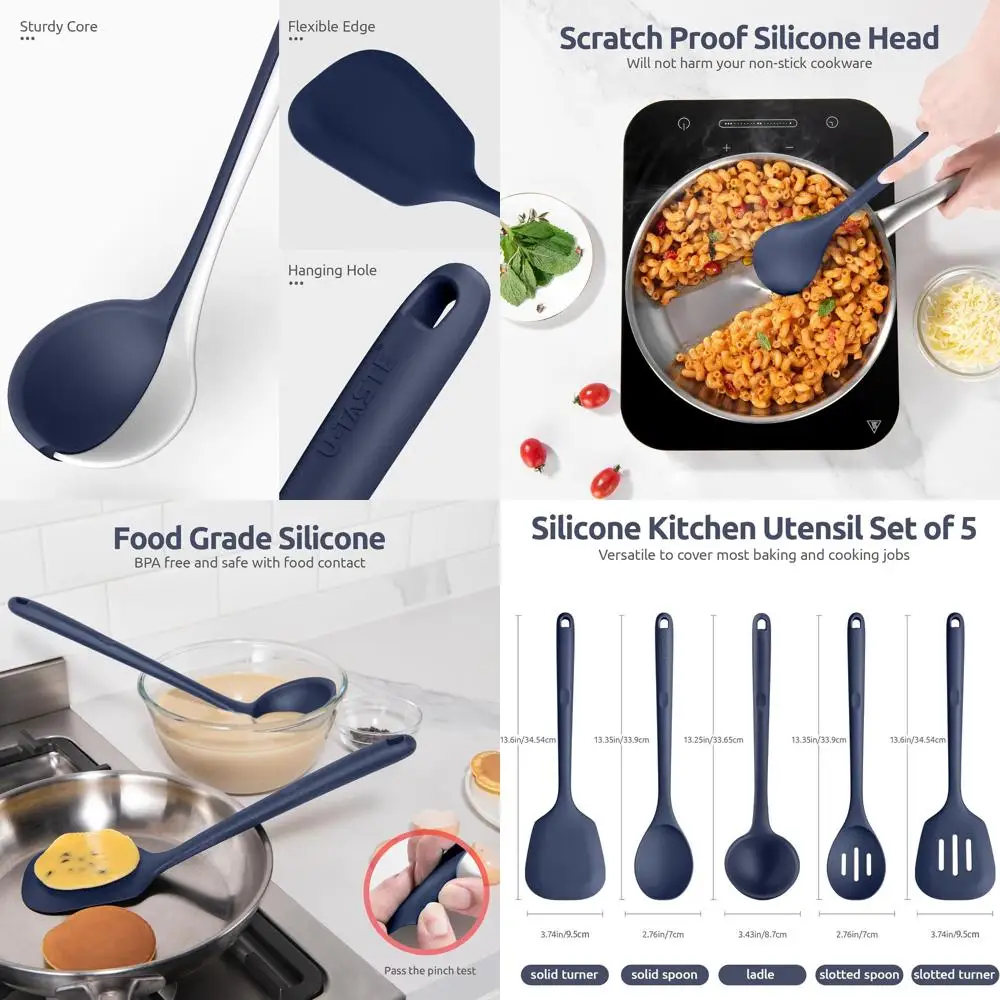

Midnight Blue 5-Piece Silicone Cooking Utensil Set: Heat-Resistant, BPA-Free, Non-Stick Kitchen Tools for Stirring, Serving, Bas