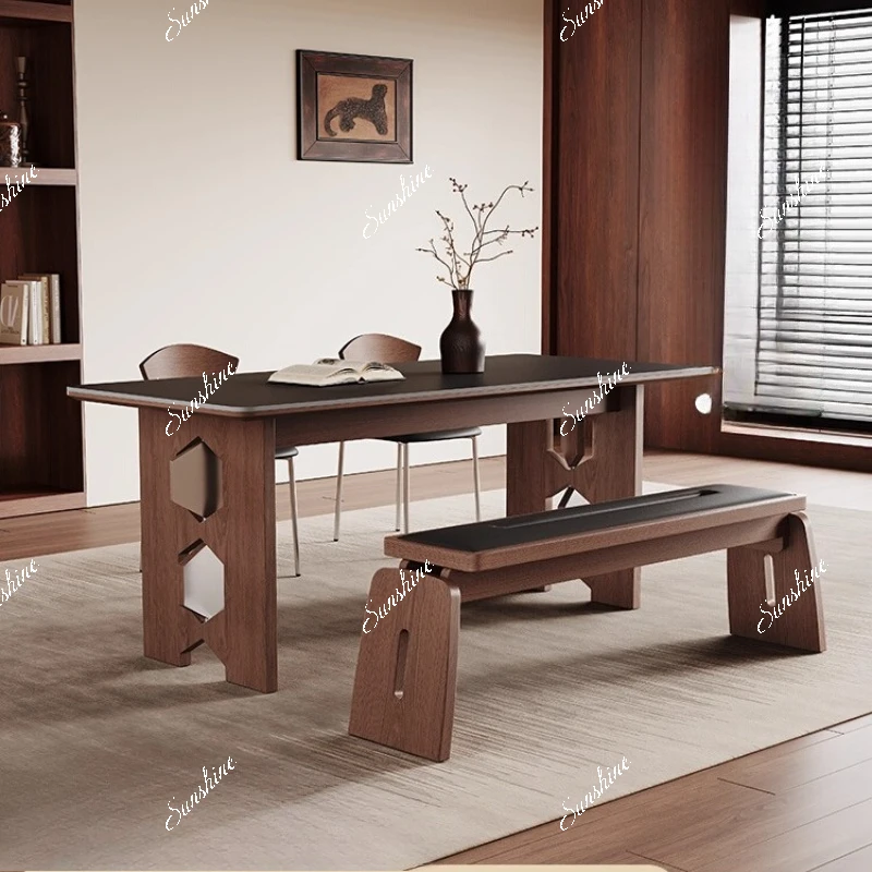 Medieval solid wood dining table household small apartment, full support rectangular black, rock slab dining table