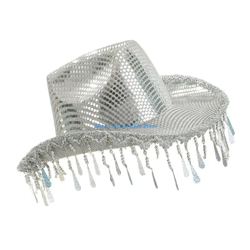 400A Bridal Panama Hat Silver Glitter Mirrored for Women Bride Hat Sparkling Tassels Mirrored Bridal Caps Photo Props