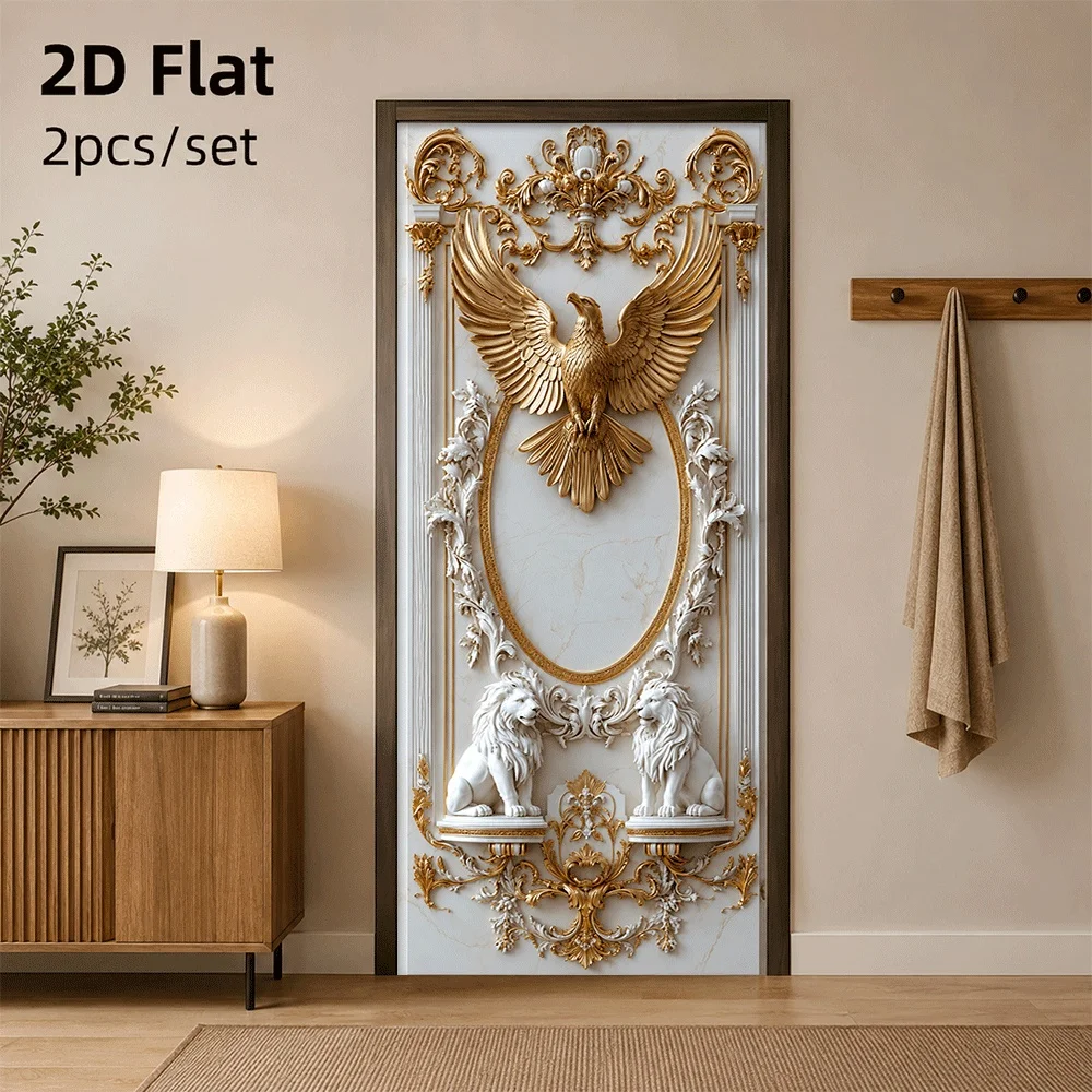 1 piece of European luxury door sticker with gold eagle and white lion decoration self-adhesive waterproof wall sticker 2D flat