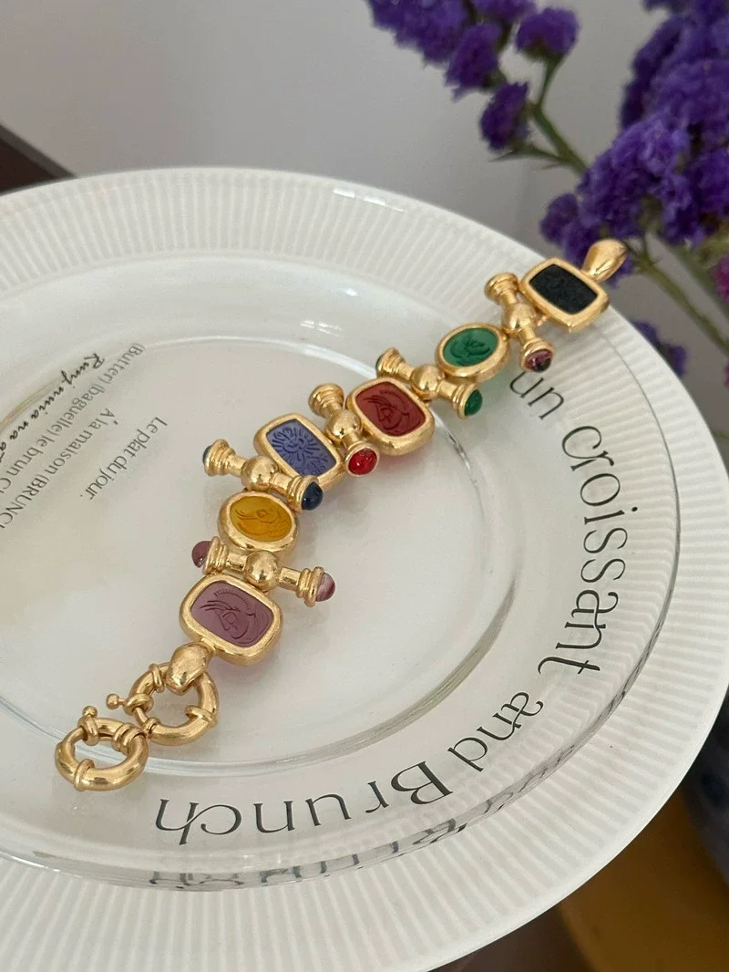 Brass Statement Chunky Colorful Retro Beads Bracelet Women Jewelry Designer T Show Runway Gown Rare INS Japan Korean Trendy
