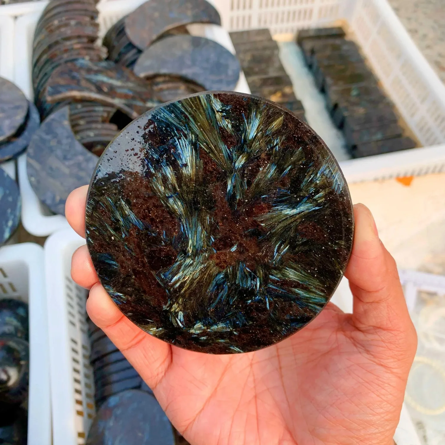 Natural Arfvedsonite Crystal Disk - Hand Polished Crystal Platter, Stunning Firework Display,