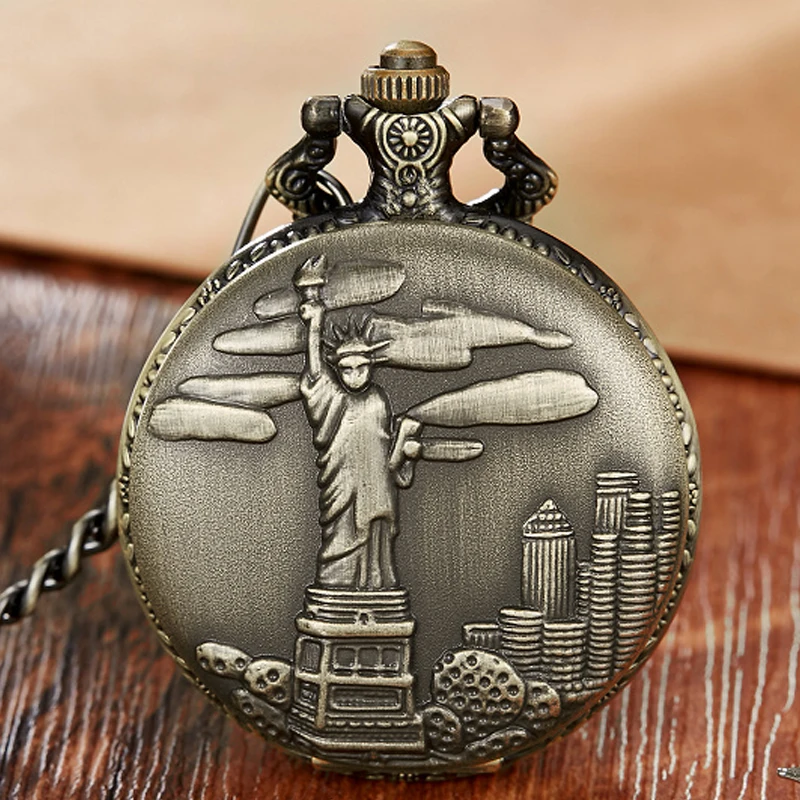 

Statue of Liberty Steampunk Mechanical Hand-wind Pocket Watch Hollow Roman Dial Skeleton Clock FOB Waist Chain Pocket Watch Gift