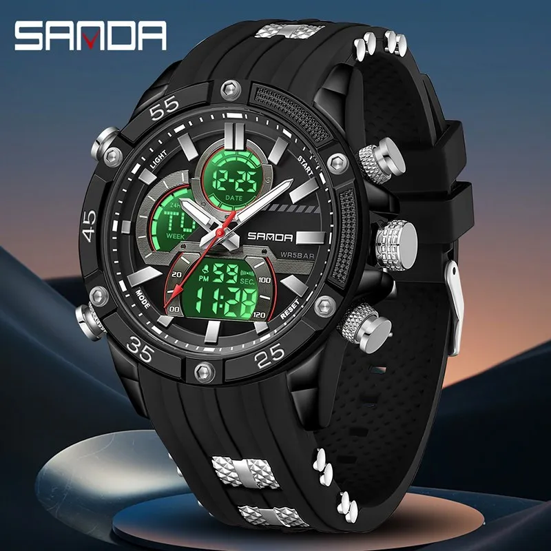 Sanda Men\'s Electronic Watch Multi functional Night Light Waterproof Rubber Dual Screen Sports Watch Luxury Military Watch