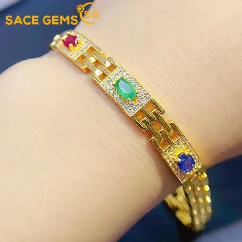 SACE GEMS 925 Sterling Silver Certified 4*6MM Natual Emerald Ruby Sapphire Bracelrts for Women Engagement Party Fine Jewelry