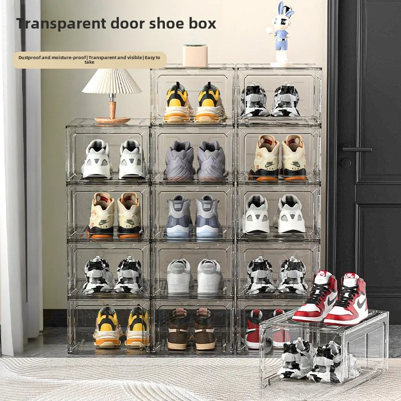 Transparent shoe box, magnetic suction door, thick plastic storage box, detachable dustproof shoe storage box