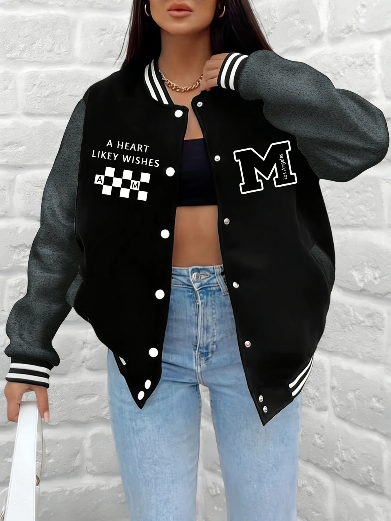 

Женская бейсбольная куртка A Heart Likey Wishes Quote Letter M с шахматным узором, университетское пальто, свободная верхняя одежда, повседневная уличная одежда