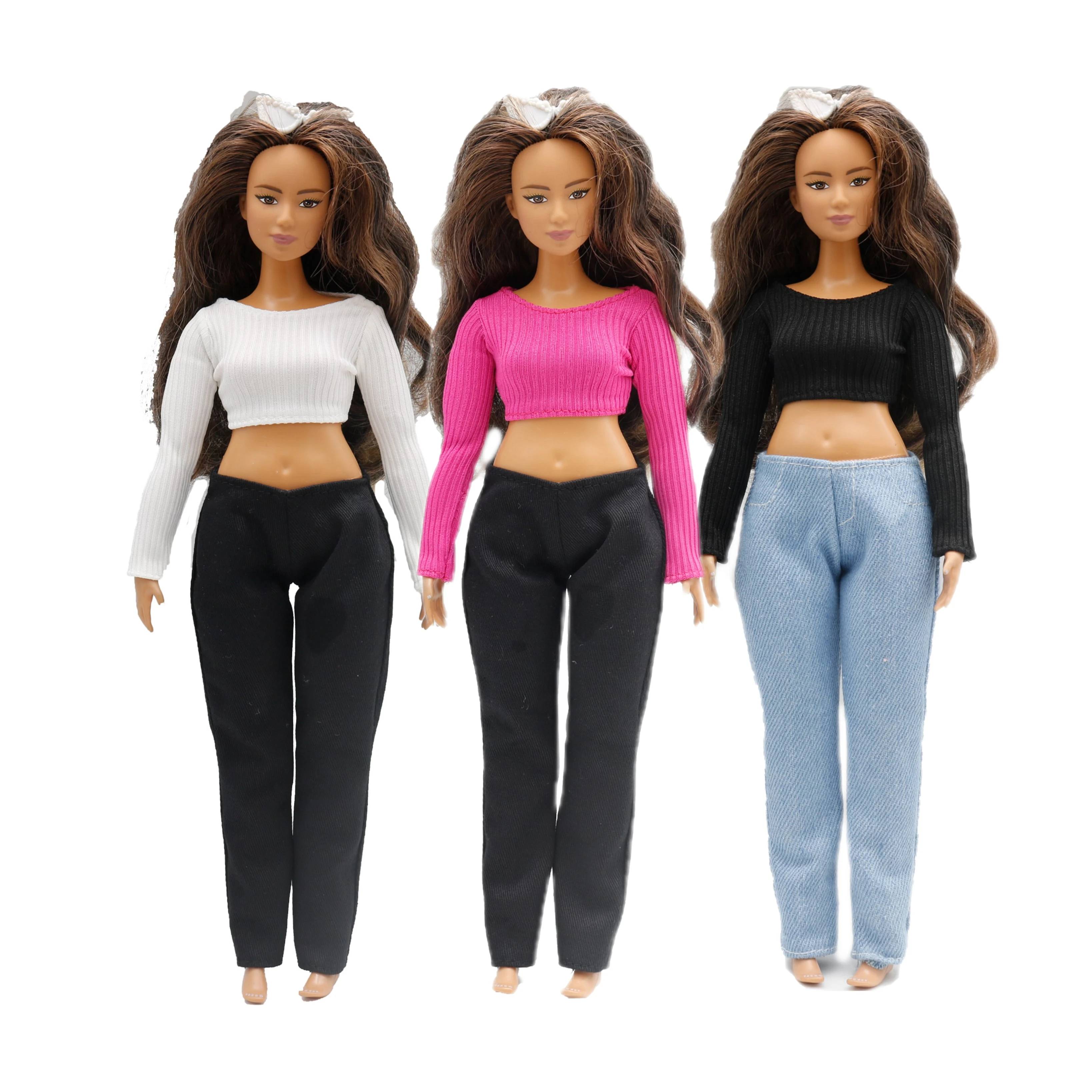 New Fashion Jeans Striped Short T shirt Crop Top Set Pants Clothes For Curvy Barbie 30cm 1/6 Doll Accessories Dollhouse Toys