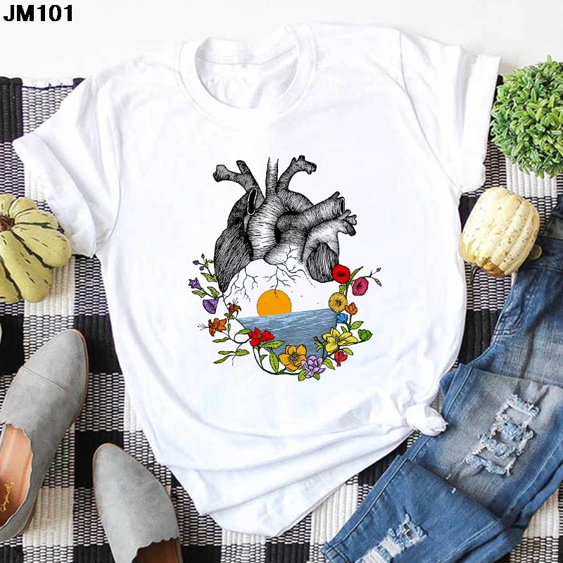 Art Heart Gedrukt Dames T-shirt Zomer Mode Streetwear Dunne T-shirt Harajuku Casual Korte Mouw Witte Top Tee Vrouwelijke T-shirt