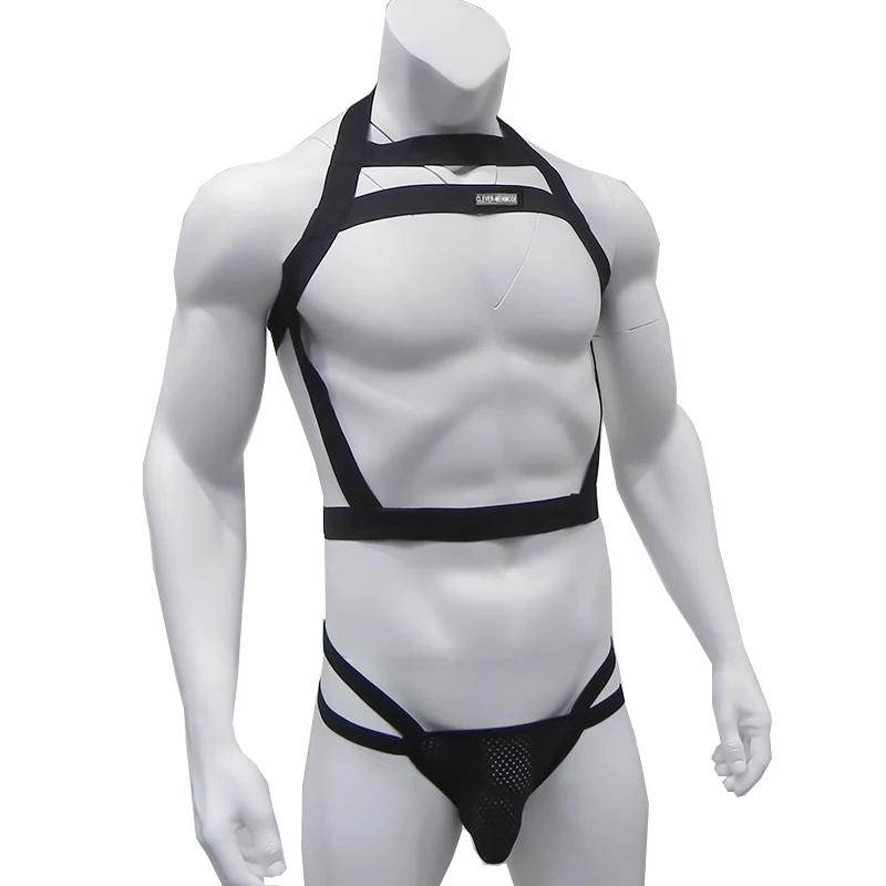 

Men Male Sexy Halter Neck Costume Adult Bondage Elastic Shoulder Chest Harness Hollow Out Strap Underwear Thong Jockstrap Set