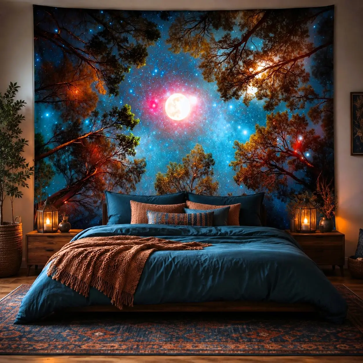 Large Galaxy Tapestry Wall Hanging Forest Night Sky Celestial Moon Stars Cosmic Boho Decor Extra Large Size