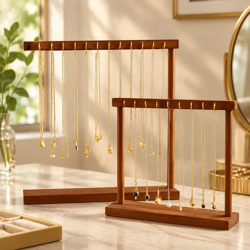 Wooden Jewelry Stand with Hanging Hooks for Necklaces, Bracelets, and Earrings - Compact Counter Organizer