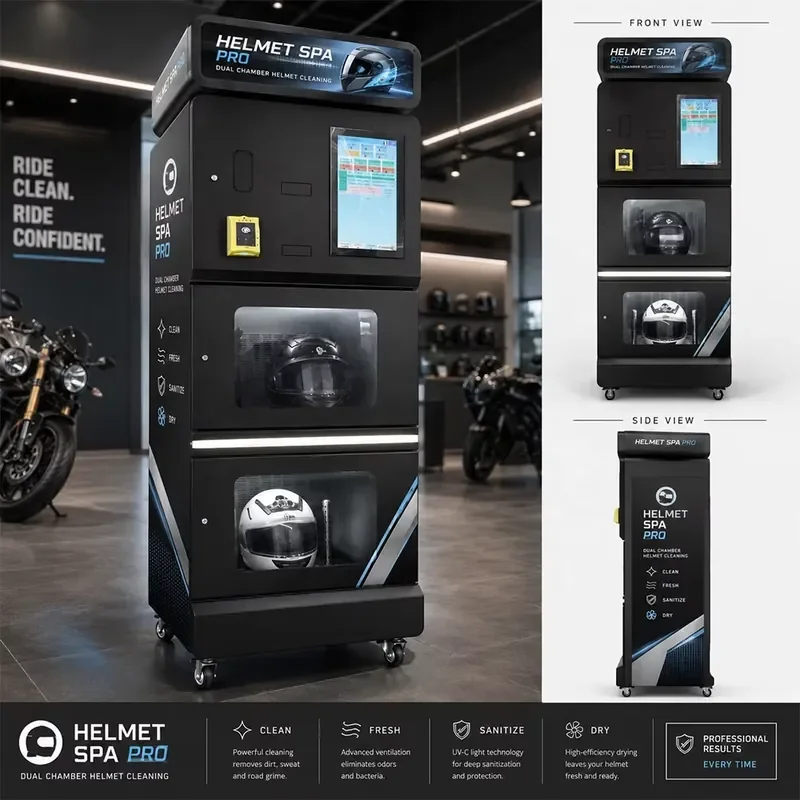 Haloo Smart Touch Screen Cashless Motorcycle Helmet Washer Steam Dry Sanitizing Self Service Helmet Cleaning Vending Machine