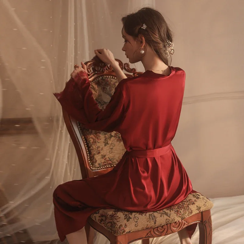 Sexy Long Lace Robe Women Satin Sleepwear Kimono Bathrobe V-Neck Sleepshirt Robe Gown Female Home Clothes Loungewear Lingerie