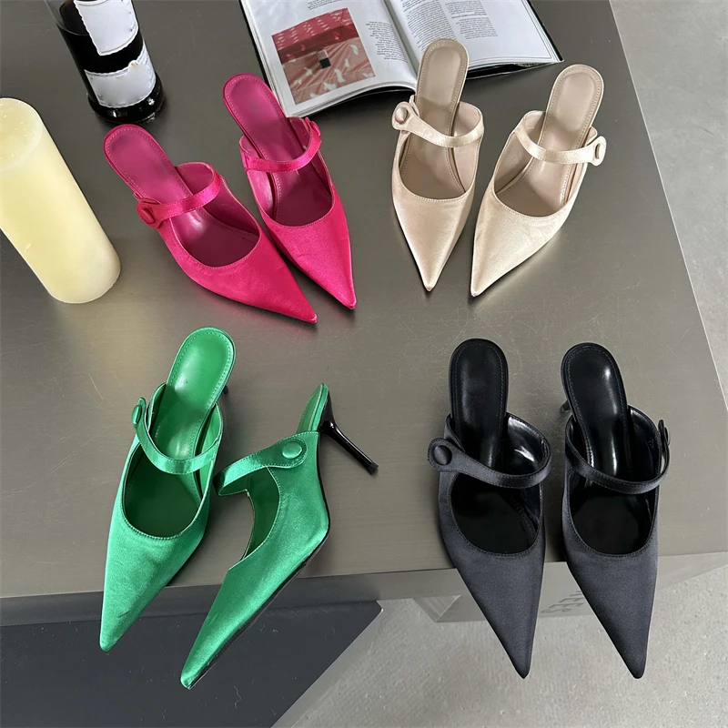 Eilyken 2024 Satin Button Pointed Toe Mules Pumps Women Slipper Fashion Shallow Thin High Heels Ladies Shoes