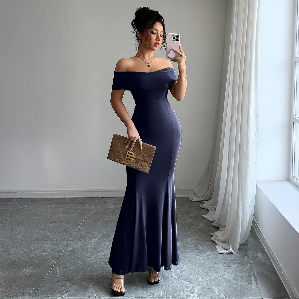 Party Kleid Frauen Nacht Kleider Bodycon Slash Neck Slim Fit Kurzarm Hohe Taille Wrap Hüfte Vestidos Knöchel Länge Kleid Elegante