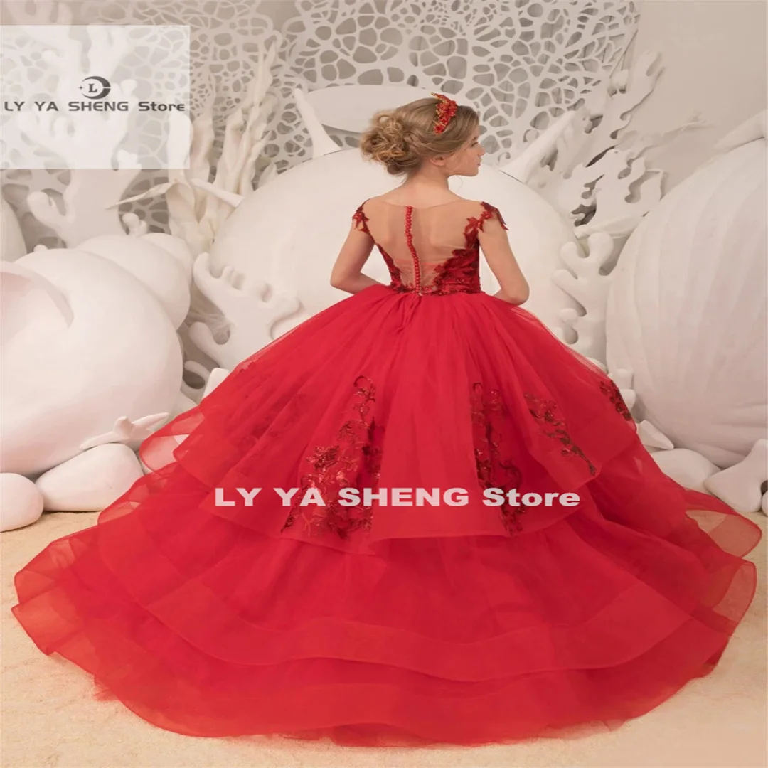 Robe de demoiselle d'honneur en tulle rouge superposé, appliques en fibre moelleuse, robe de princesse de mariage, robe de fête d'anniversaire charistique, première année, enfant